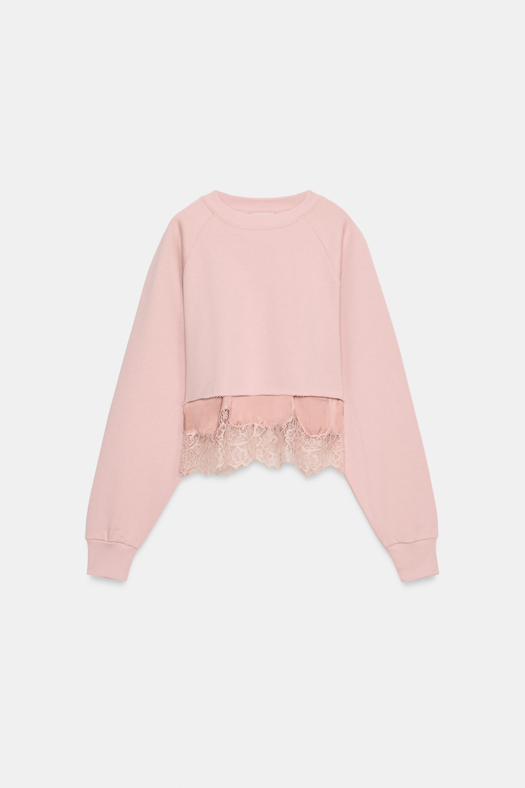 COMBINATION LACE TRIM CROPPED SWEATSHIRT